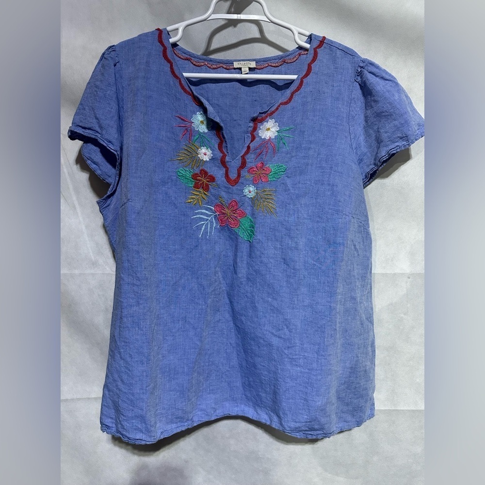 Talbots Womens 2X Blouse Floral Embroidered Linen Blend Chambray Plus Boho Beach